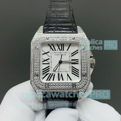 HY Factory Swiss Replica Cartier 2824 Santos 100th Anniversary Full Diamond Watch 